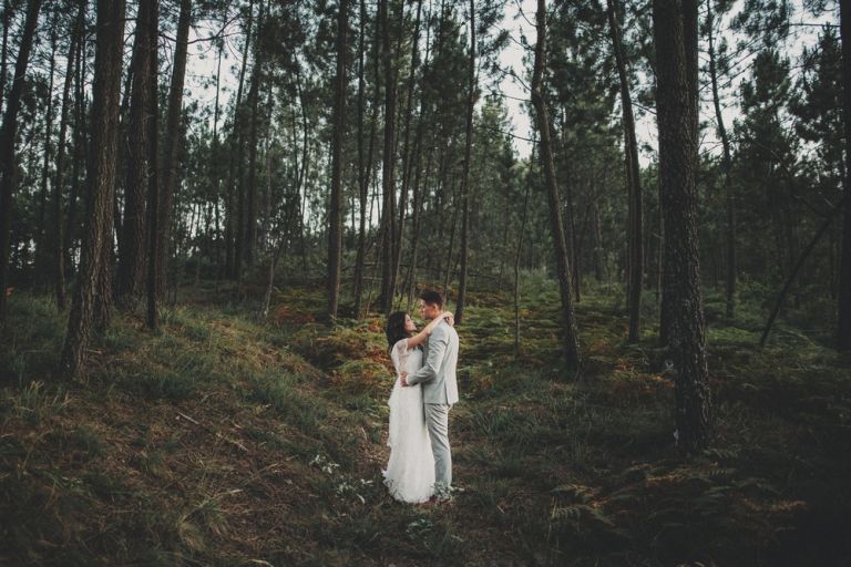 Bride and groom portrait in portuguese woods